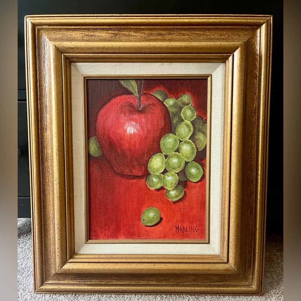 MCM Vintage Still Life Oil Painting Apples Grapes Signed Marling 1982 Framed Art - Picture 1 of 11